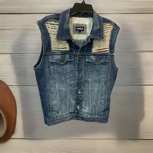 Carbon Distressed Denim Jean Jacket Vest USA Button‎ Up Tag=Lg Fit=Sm *LOOK*